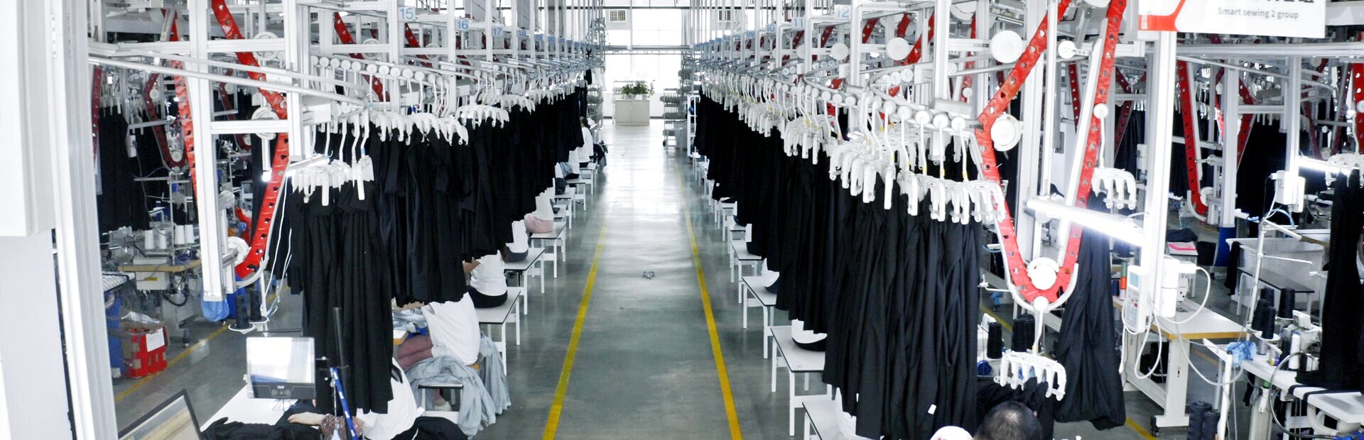 Stitching lines running the length of the production floor