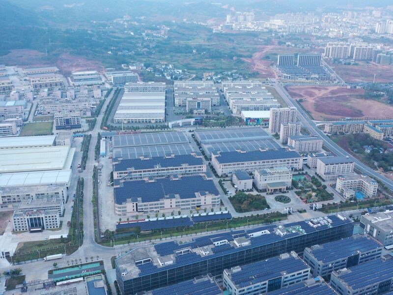 Aerial view of the manufacturing area with rooftop solar panels