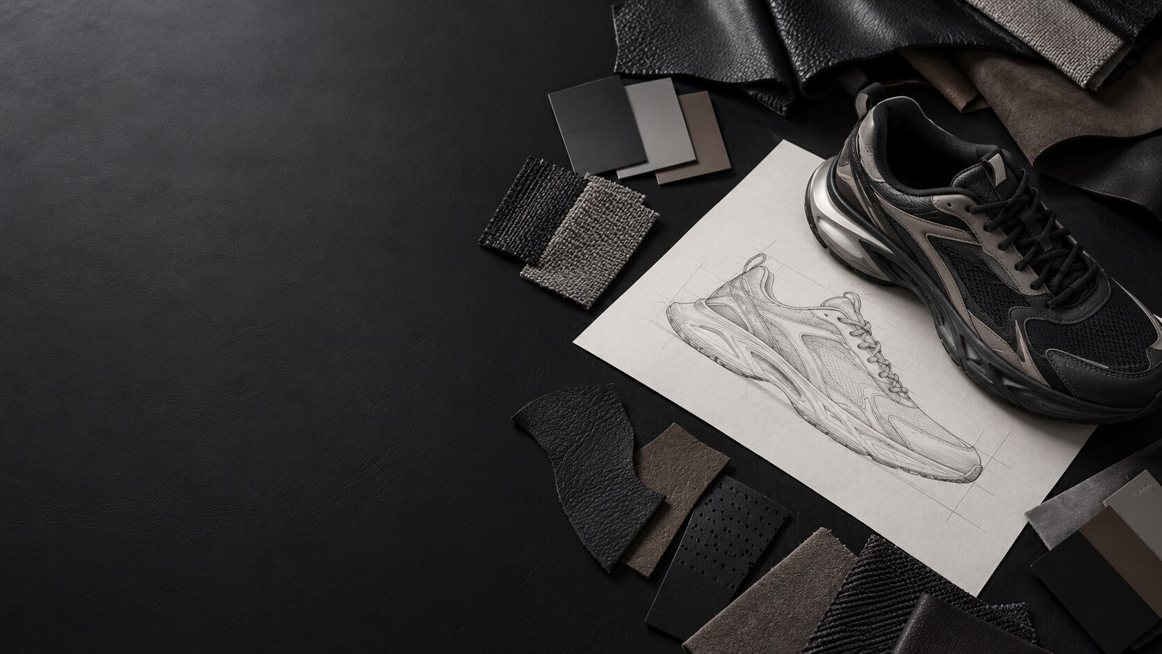 Design sketches beside a finished sample shoe at the development bench