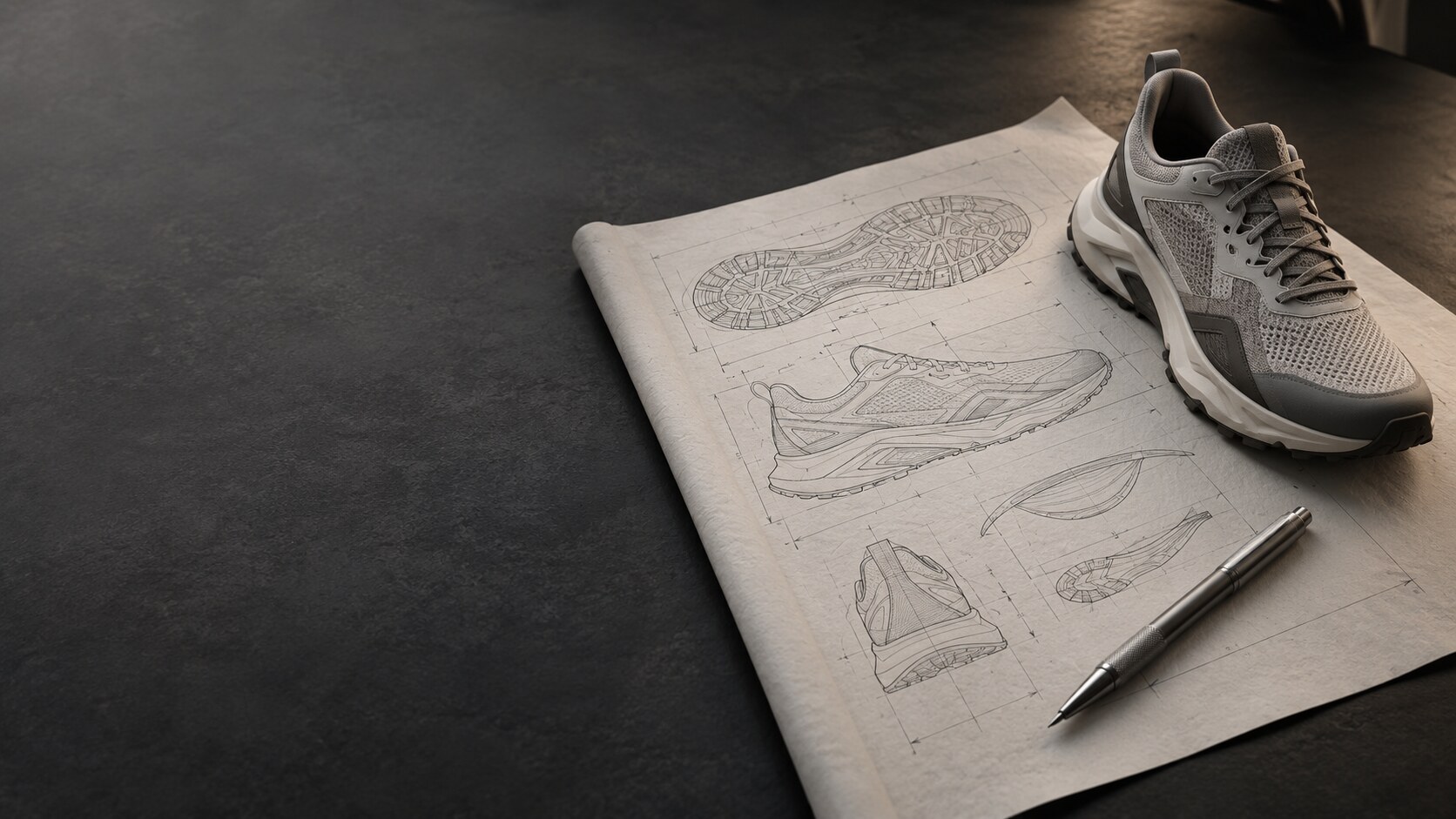 Technical drawing of a shoe aligned with the physical sample it became