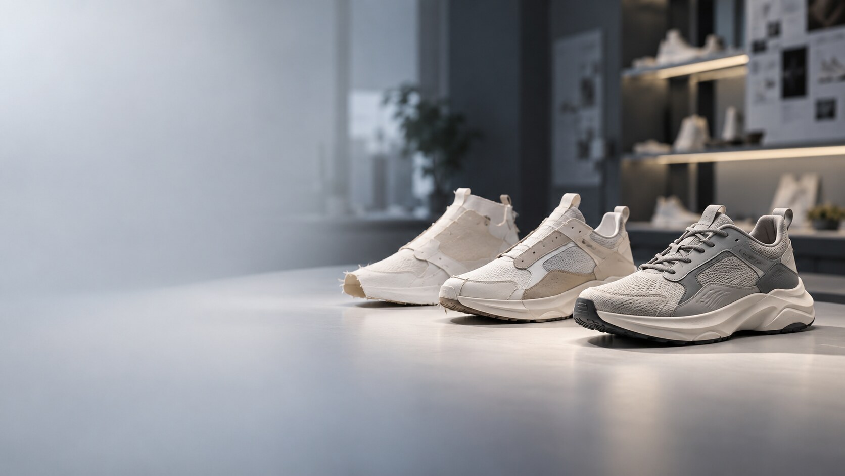 Three sample shoes in progressive stages from blank last to finished sample