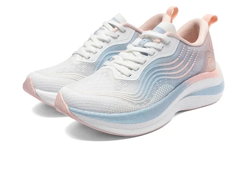 White and pink running shoe, side view