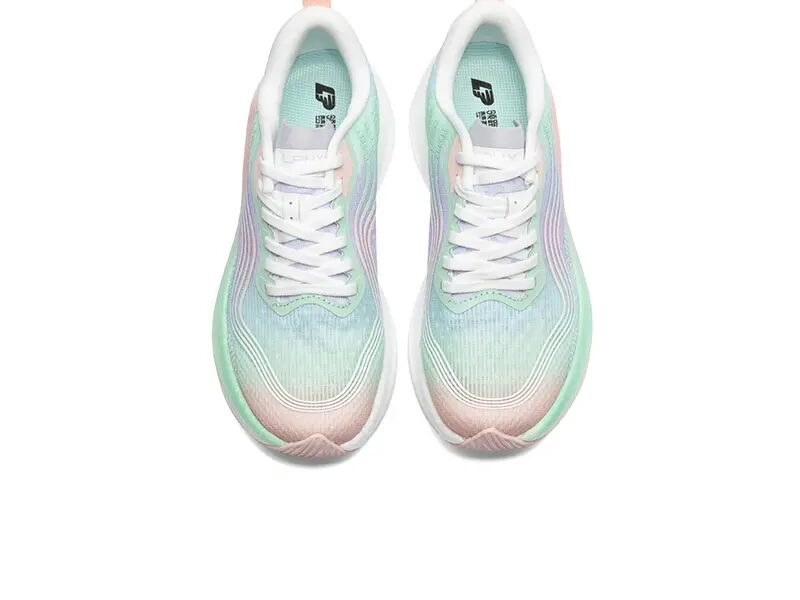 White and mint running shoes, front pair